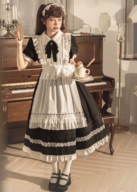 Maid Cafe Uniform, Victorian Maid Dress, Long Maid Dress, Victorian Maid Uniform, Maid Dress Long, Dresses Reference, French Maid Apron, Victorian Maid, Maid Cafe