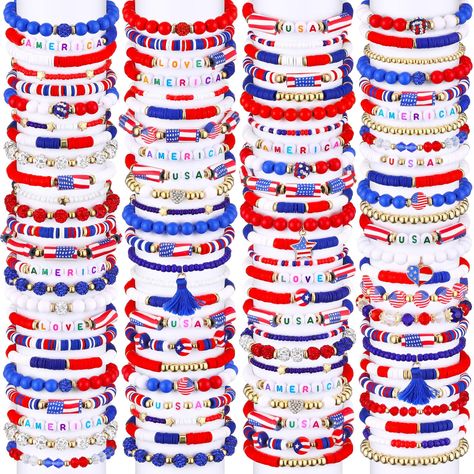 PRICES MAY VARY. Indulge in Patriotic Spirit: our set of Independence Day bracelets includes 150 different designs of beaded stackable bracelets, imprinted with elements like the star, the American flag, and hearts; Tailored specifically for July 4th, shows, birthdays, they exhibit an ultra trendy, unlimited vibe; Don these adorable bracelets and join in the classic arm party Masterful Artistry: crafted with a process, our American colored women's bracelets use colored beads, letter beads, and h 4th Of July Bracelets, Usa Bracelet, Bead Stretch Bracelets, Blue Bracelets, Heishi Bracelets, Preppy Bracelets, Women's Bracelets, Arm Party, Bracelet Ideas