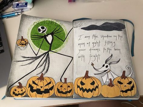 Jack Skellington and Zero, october monthly spread and quote from nightmare before christmas ( i think - this was last year, so I forgot lol) Nightmare Before Christmas Bujo, October Monthly Spread, Jack Skellington And Zero, Christmas Bullet Journal, Nightmare Before Christmas Characters, Christmas Journal, Bullet Journal Themes, Journal Themes, Theme Halloween