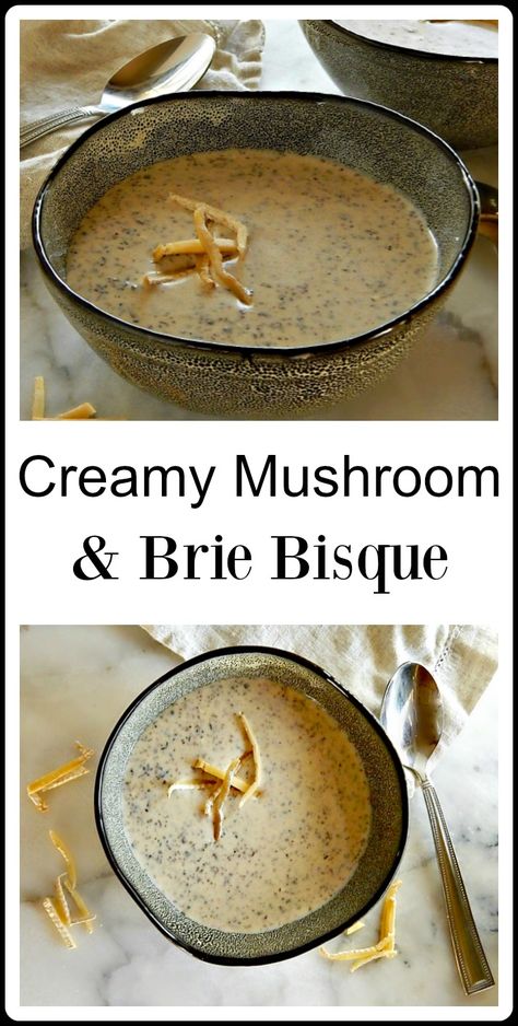 It's a spring indulgence: Creamy Mushroom Brie Bisque. The flavors are incredible and it's easy and quick! Bonus for a truly gourmet soup as a starter or with a sandwich. #MushroomSoup #MushroomBrieSoup #MushroomBrieBisque via @frugalhausfrau Mushroom Brie Soup Recipe, Mushroom Brie, Brie Soup, Pineapple Meatballs, Soup Sunday, Boozy Recipes, Soup Dishes, Creamy Soup Recipes, Gourmet Soup