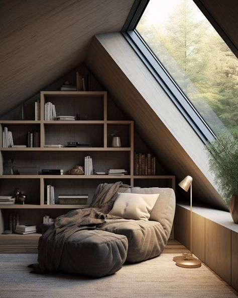 Cozy Attic Apartment, Minimalist Attic Bedroom, Loft Windows Ideas, Minimal Luxury Bedroom, Roof Bedrooms, Interior Design Attic, Industrial Attic, Slanted Roof Bedroom, Luxury Attic