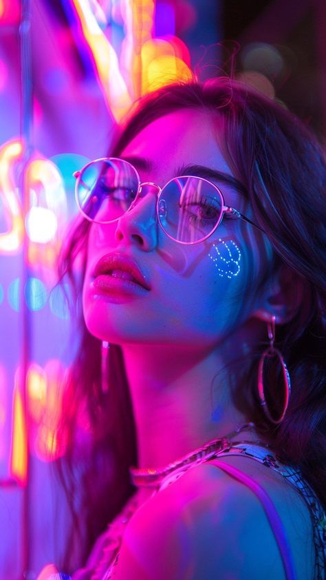 Neon Light Reference, Neon Portrait Photography, Cyberpunk Photoshoot, Neon Portrait, Neon Lights Photography, Neon Street, Neon Photoshoot, Girl With Glasses, Human Photo