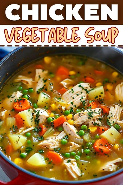 This comforting chicken vegetable soup will warm your heart and soul! It's full of tender veggies and savory chicken for a satisfying and delicious bowl. Easy Chicken Vegetable Soup, Chicken Broth Recipes Soup, Crockpot Chicken And Vegetables, Veggie Soup Recipes, Chicken Veggie Soup, Chicken Vegetable Soup Recipes, Chicken Vegetable Soup, Vegetable Soup With Chicken, Chicken Vegetable