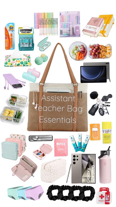 Assistant teacher bag essentials for a daycare worker. #assistantteacher #teacher #essentials #waterbottle #pens #notebooks #tablet #alwaysprepared #wishlist #dreambag #dreamessentials #workbag Teacher Assistant Essentials, Teacher Bag Essentials, Teachers Essentials, Teacher Emergency Kit, Teaching Bag, Work Bag Essentials, Classroom Vibes, Daycare Worker, Teacher Essentials