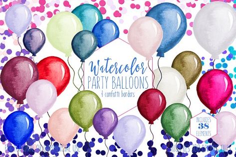 Watercolor Balloons & Confetti Set by Clipart Brat Graphics on @creativemarket Watercolor Balloons, Birthday Party Clipart, Watercolor Party, Amazing Illustrations, Balloon Clipart, Invitation Clipart, Party Clipart, Birthday Clipart, Watercolor Graphic