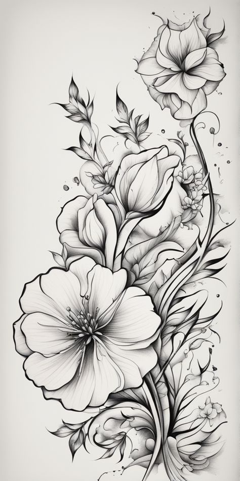 A traditional-style tattoo design of a flower, starkly rendered in black and white, occupies focus over a blank canvas. The image is striking, evoking an idea of permanence and natural beauty. Anemone Flower Tattoo Design, Wild Flower Sleeve Tattoo, Japanese Floral Tattoo, White Flower Tattoo, Iris Flower Tattoo, Black And White Flower Tattoo, Flower Vine Tattoos, Floral Back Tattoos, Coverup Tattoo