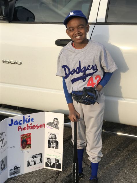 Homemade Jackie Robinson Costume, baseball pants add plain T-shirt and felt cut-outs Jackie Robinson Wax Museum Project, Jackie Robinson Project, Wax Museum Ideas, Baseball Player Costume, Wax Museum Project, Baseball Costume, Mlk Activities, Baseball Costumes, Museum Ideas