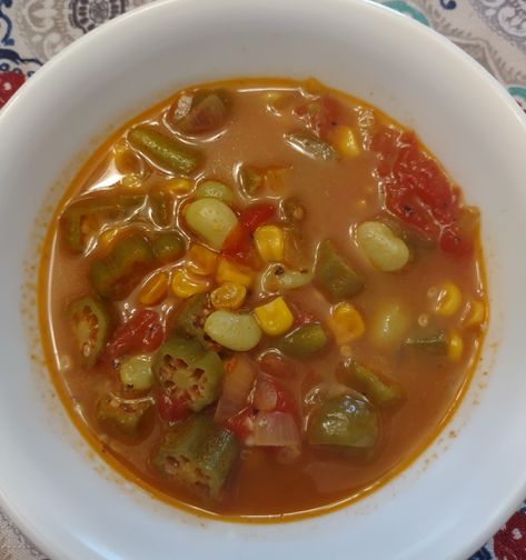 Okra Vegetable Soup, Vegetable Soup With Okra, Shrimp And Lima Bean Soup, Okra Soup, Okra Soup Recipe, Lima Bean Soup, Cabbage Potato Soup, Corn Soup Recipes, Lima Bean