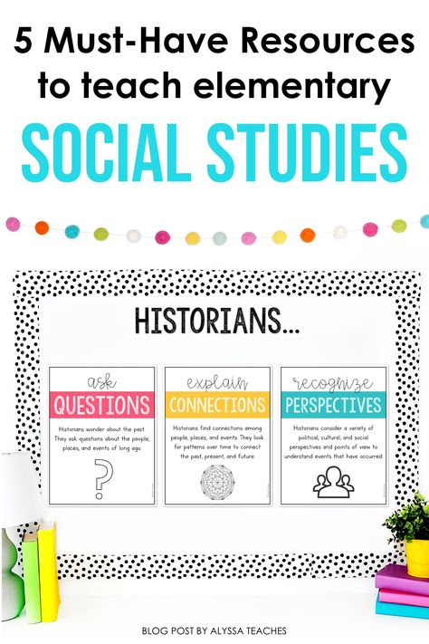 Are you looking to save time on your social studies lesson planning? I'm sharing my very favorite year-long social studies resources for elementary teachers and students. These time-saving resources can be used over and over again for any history unit or lesson! No more recreating the wheel every time you lesson plan! Check out my suggestions for social studies worksheets, posters, question prompts, and more! Social Studies Centers 3rd Grade, Secondary Social Studies, Social Studies First Day Activities, Back To School Social Studies Activities, Social Studies Lesson Plans Elementary, Social Studies Classroom Decorations, Elementary Social Studies, Classroom History, Middle School Social Studies