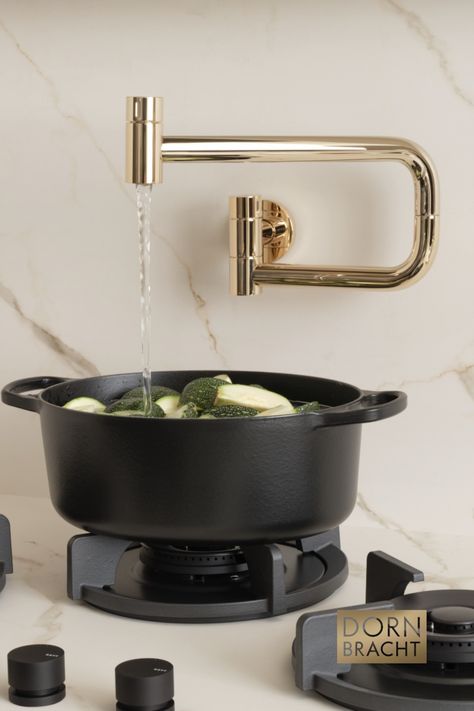 The TARA POT FILLER adds versatility to your kitchen, letting you fill pots directly at the water point. Crafted in DuraBrass, it's a stylish and functional addition to your culinary haven. #LuxuryKitchen #KitchenDesignIdeas #ElegantInteriors #DreamKitchen Modern Classic Kitchen, Traditional Kitchen Faucets, Kitchen Architecture, Pot Filler Kitchen, Unique Light Fixtures, Pot Filler Faucet, Pot Filler, Cabinetry Design, Classic Kitchens