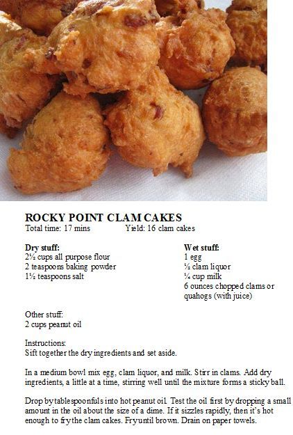 FOOTBALL FOOD FOR WHEN THE PATS PLAY:  #newenglandrecipes Rocky Point Clam Cakes… Rhode Island Food, Clam Cakes, Clam Bake, Rocky Point, Clam Recipes, Diet Guide, Football Food, Seafood Dinner, Portuguese Recipes