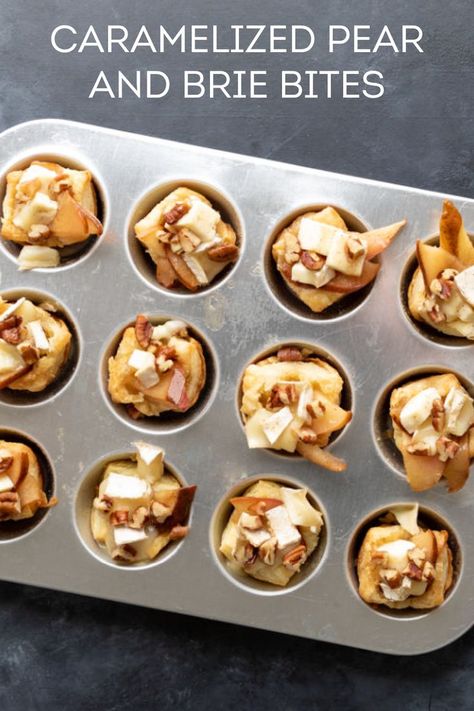 Flaky puff pastry, creamy brie, and caramelized pears, these small bites are party-ready! Puff Pastry App, Brie Bites Puff Pastry, Pear And Brie, Caramelized Pear, Cake Bars Recipe, Brie Puff Pastry, Brie Appetizer, Puff Pastry Appetizers, Pastry Appetizer