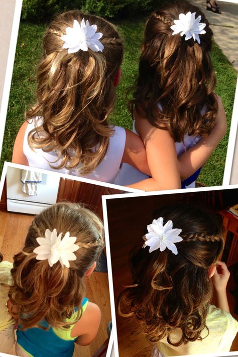 Flower girl hairstyle. Half up with braids and curls! Toddler Flower Girl Hairstyles, Short Curled Hair, Flower Girls Hair, Hairstyles List, Girl Hair Dos, Curled Hair, How To Curl Short Hair, Hair Kids, Flower Girl Hairstyles