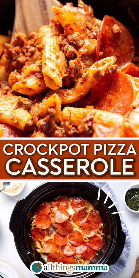 Crockpot Pizza Casserole social collage graphic Pizza Casserole Crockpot, Crockpot Pizza Casserole, Crockpot Pizza, Ground Beef Crockpot Recipes, Pizza Casserole Recipe, Beef Pepperoni, Crock Pot Pizza, Crockpot Pasta, Crockpot Casserole