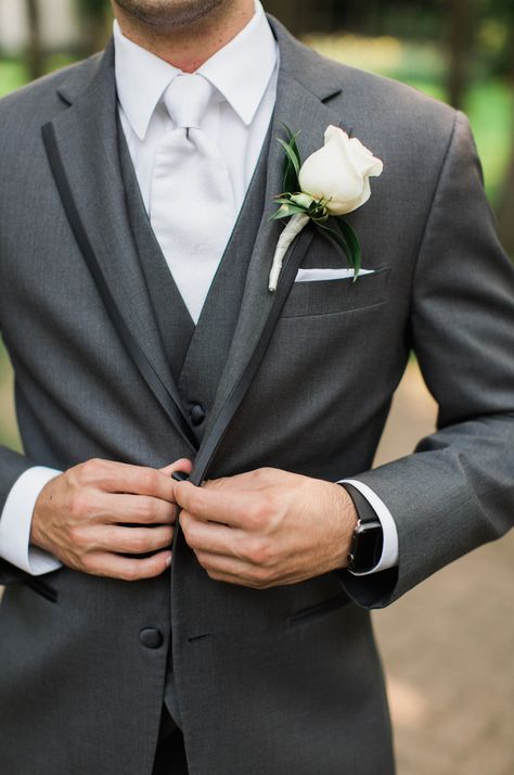 wedding groom suit tuxedo grey mens warehouse vera wang apple watch Wedding Suits Men Grey, Groomsmen Fashion, Grey Suit Wedding, Wedding Tux, Mens Wedding Attire, Groom Suits, Rose Boutonniere, Wedding Suits Groom, Dusty Miller