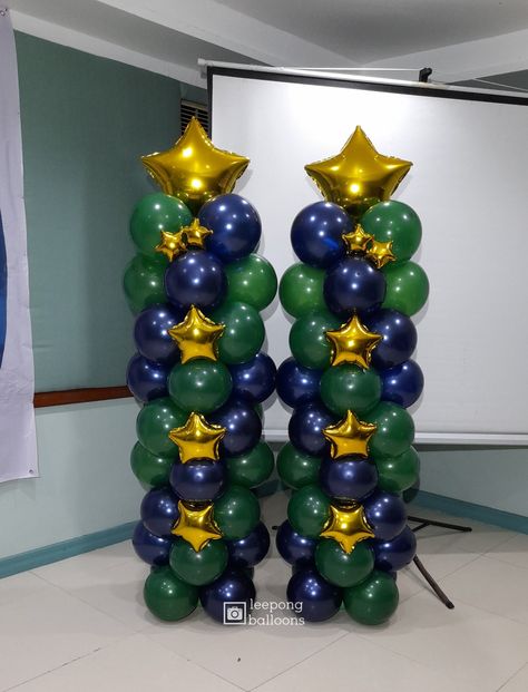 Green And Blue Birthday Party Decor, Green And Blue Graduation Party Ideas, Green Graduation Party, School Backdrop, 21 Balloons, Blue Graduation Party, Pastor Anniversary, Balloon Tower, Blue Birthday Parties