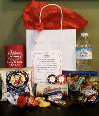 Las Vegas Welcome Bag 344x400 Wedding Planning Tips & Etiquette for Out of Town Guests Vegas Wedding Favors, Wedding Guest Gift Bag, Las Vegas Destination Wedding, Guest Gift Bags, Destination Wedding Favors, Destination Wedding Welcome Bag, Las Vegas Party, Bridal Expo, Gifts For Guests