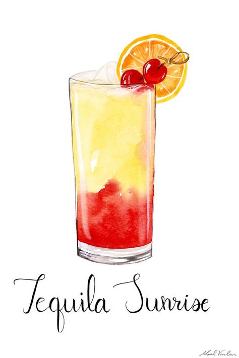 Cocktails Drawing, Sunrise Drawing, Tequila Sunrise Cocktail, Sunrise Cocktail, Watercolor Food Illustration, Paint And Drink, Cocktail Illustration, Sunrise Art, Food Artwork