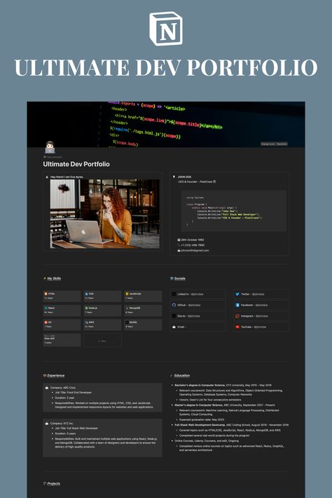 Notion Ultimate Dev Portfolio Template Portfolio Design Notion, Notion Website Design, Portfolio Notion Template, Notion Website Template, Notion Template Design, About Me Section Website, Digital Portfolio Design Layout, Digital Portfolio Design, Notion Portfolio