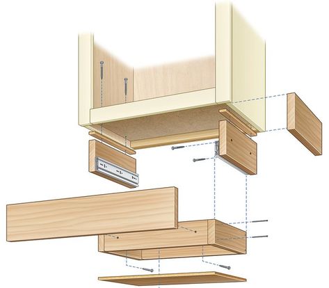 Cabinet Additions, Drawer Illustration, Remaking Furniture, Under Cabinet Drawers, Cabin Remodel, Clever Kitchen Storage, Woodworking Store, Diy Drawers, Diy Kitchen Storage