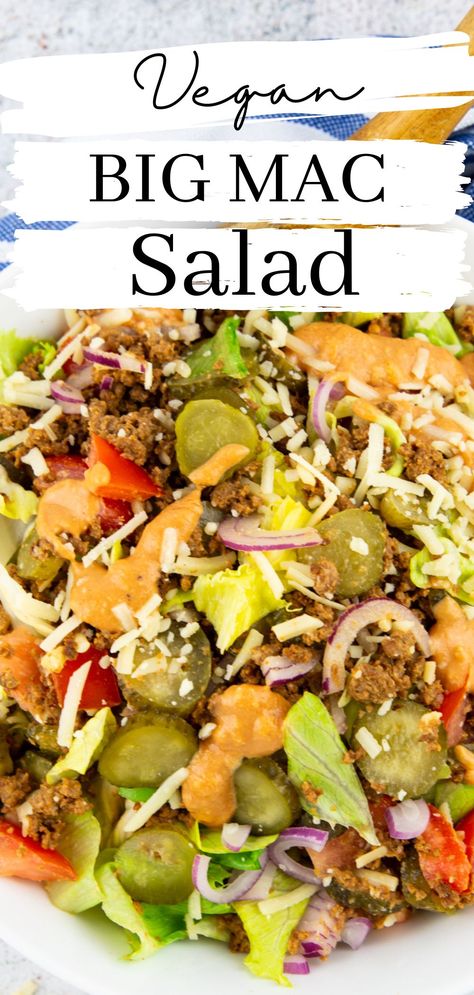 This Big Mac salad is perfect when you feel like having a burger but want something healthier instead. It's super delicious, satisfying, packed with protein and nutrients, and completely vegan. And it comes together in just 20 minutes! Big Mac Salad, Vegan Worcestershire Sauce, Mac Salad, Vegan Mayonnaise, Vegan Salads, Weekly Meals, Low Carb Vegan, Vegan Burgers, Juicy Tomatoes