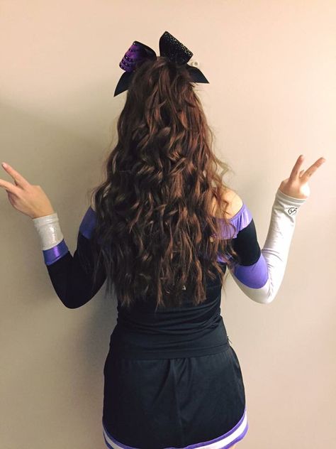 High Half Up Half Down Hair Cheer, Half Up Half Down Hair Cheer, Cheer Half Up Half Down Hair, Cheer Curls, Curls For Medium Length Hair, Medium Length Curls, Sports Hair, Curled Ponytail, Cheerleading Hairstyles