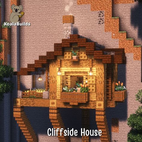 Cliff Side House, Enchanting Minecraft, Minecraft Cliff, Minecraft Cliff House, Minecraft Mountain House, Cliffside House, Minecraft Village Ideas, Description Ideas, Minecraft Building Blueprints