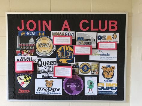 RA Bulletin Board about joining clubs. I put a collage of different clubs and organizations in school and put pop-up reasons on why to join one. Bulletin Board Ideas For Clubs, Clubs Bulletin Board, School Club Bulletin Board Ideas, Club Board Ideas, Club Bulletin Board Ideas, Club Bulletin Board, Middle School Bulletin Boards, High School Bulletin Boards, College Bulletin Boards