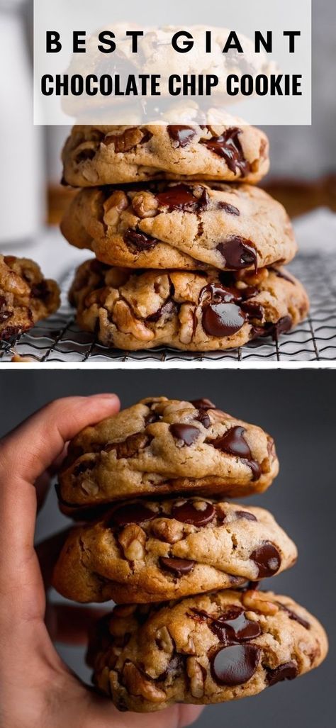 The Best Giant Chocolate Chip COOKIE RECIPE - incredibly delicious, soft, gooey & fully loaded chocolate chip cookies with walnuts. Chocolate Chip Cookies Giant, Super Fluffy Chocolate Chip Cookies, Easy Gooey Chocolate Chip Cookies, Joy Food Sunshine Chocolate Chip Cookies, Big Choc Chip Cookies, Oversized Chocolate Chip Cookies, Big Chunky Chocolate Chip Cookies, Extra Chocolate Chip Cookies, Chunky Cookies Chocolate Chips