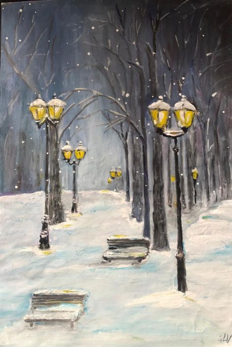 Winter Lamp Post Painting, Dark Street, Street Painting, Winter Street, Painting Lamps, Luge, Decorating With Christmas Lights, Street Lamp, Night Painting