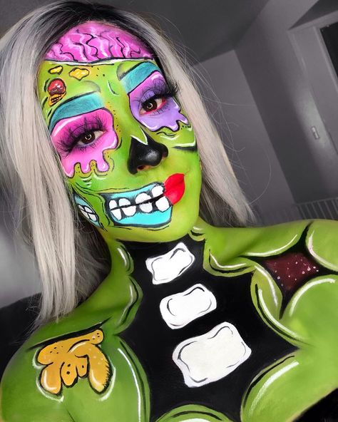 Popart Zombie Makeup, Pop Art Zombie Makeup, Maquillaje Pop Art, Zombie Pop, Pop Art Zombie, Pop Art Face, Halloween Challenge, Pop Art Makeup, Halloween 23