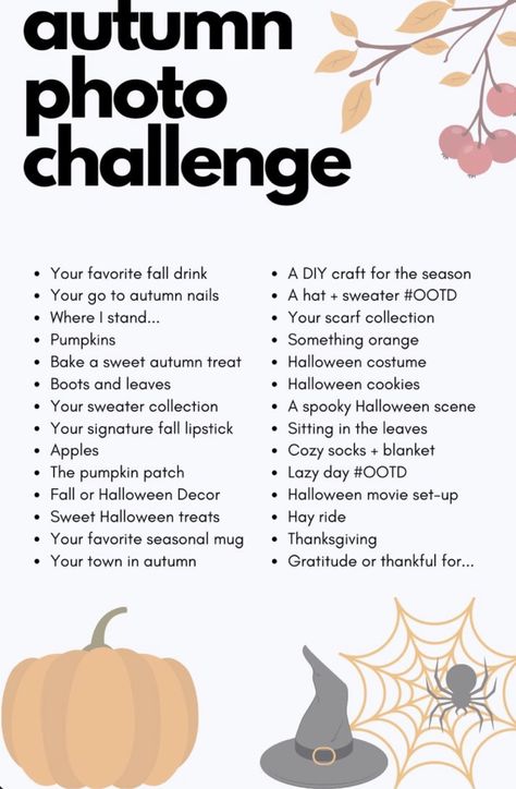 Freetime Activities, Photo A Day Challenge, Photo Prompts, Fall Mood Board, Fun Fall Activities, Fall Bucket List, Halloween Scene, Fall Drinks, Foto Tips