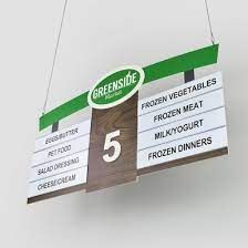 This sign is used in the store to make the shopping experience easier and quicker for the shopper. It will also force the shopper to look at more products because of the aisle setting it is used in. Aisle Markers, Store Signage, Frozen Dinners, Modern Store, Supermarket Design, Retail Signs, Library Displays, Wayfinding Signage, Sign Holder