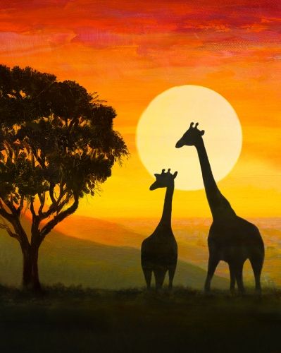 Learn to Paint Safari Wild tonight at Paint Nite! Our artists know exactly how to teach painters of all levels - give it a try! Desen Realist, Afrique Art, African Paintings, Afrikaanse Kunst, Silhouette Painting, Paint Nite, African Art Paintings, Oil Pastel Art, Easy Canvas Painting