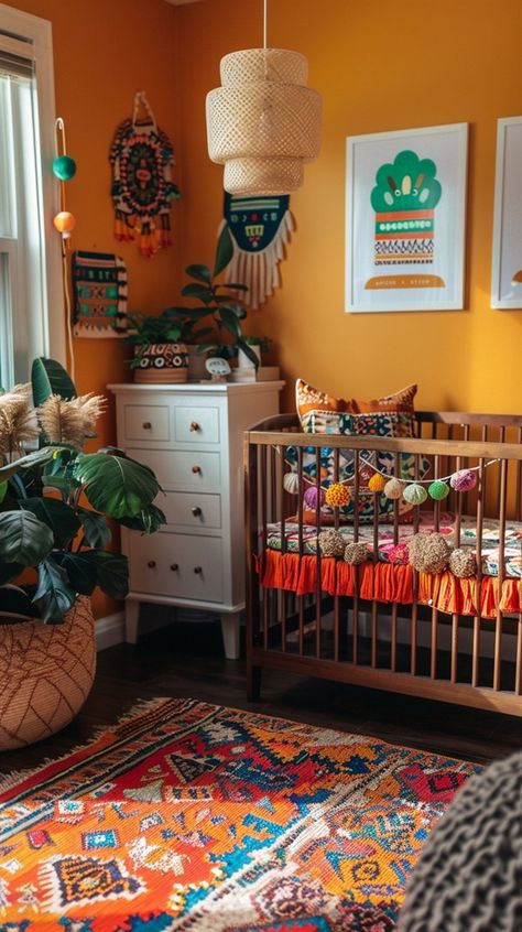 +60 Gorgeous Bohemian Nursery Ideas to Copy - DecorWithEva Bohemian Nursery Ideas, Mexican Nursery, Orange Kids Rooms, Hippie Nursery, Apartment Nursery, Comfy Furniture, Cozy Bohemian, Boho Baby Room, Bohemian Nursery