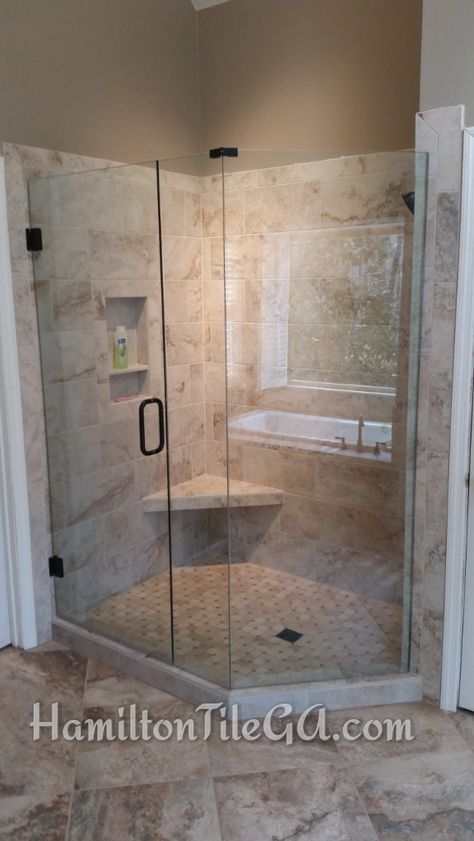 Tiled Floating Shower Bench, Shower Corner Bench, Reno Bathroom, Corner Shower Bench, Floating Bench, Corner Built In, Master Bath Tile, Tile Showers, Spare Bathroom