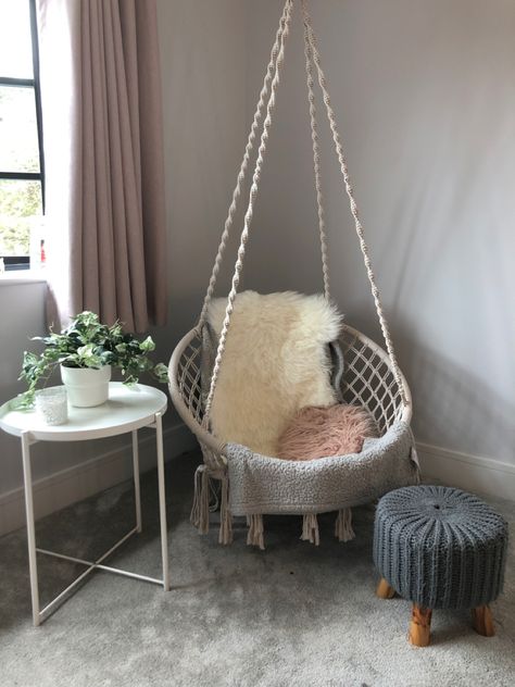 Pink and Grey teen bedroom With hanging chair Hanging Chair Room Ideas, Chair Swings For Bedrooms, Bedroom Ideas Hanging Chair, Swings For Room, Aesthetic Bedroom Gray, Hanging Chair Bedroom Ideas, Hang Chair In Bedroom, Hanging Chair Decor Ideas, Hanging Chairs For Room