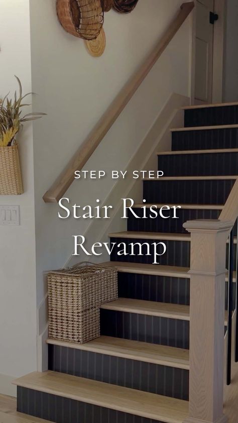 Tempaper® Removable Wallpaper | Time to stop and stair! Check out this beautiful transformation by @sprucingup.mamahood. She removed Soleil from her stairs and added our… | Instagram Cheap Staircase Makeover, How To Paint Wooden Stairs, Black Stair Riser Ideas, Wallpaper Accent Wall Stairs, Tile Staircase Ideas, Redo Steps Stairs Makeover, Stair Backsplash Ideas, Wallpaper On Steps, Beadboard Stair Risers