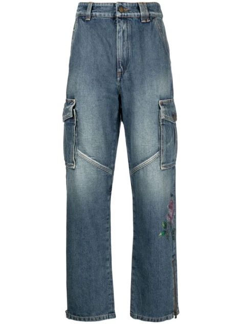 Farfetch Alessandra Rich, Alessandra Rich, Embellished Jeans, Flap Pocket, Patch Logo, Straight Leg Jeans, Fendi, Straight Leg, Lace Up