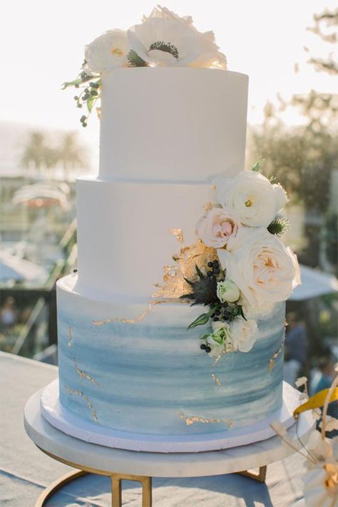 Light Blue And Gold Wedding Cake, Pink Blue Wedding Decoration, Cake Decor Wedding, Sage Green Navy Blue Blush Pink Wedding Cake, Wedding Cake Designs Dusty Blue, Blue Wedding On The Beach, Pastel Blue Wedding Cake, Slate Blue Wedding Cake, Beach Wedding Cakes Ideas