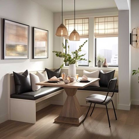 Kitchen Nook Modern, Neutral Breakfast Nook, Modern Kitchen Nook Corner, Breakfast Nook Open Concept, Kitchen Corner Seating Ideas, Kitchen Eat In Nook, Contemporary Breakfast Nook, Corner Breakfast Table, Corner Eating Nook