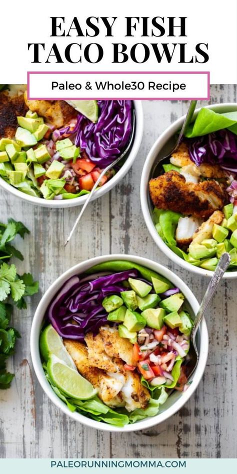 These healthy fish taco bowls are easy to prepare and packed with flavor! Perfectly seasoned and tender, flaky fish with a quick salsa, addicting sauce, avocados and veggies. These taco bowls are paleo, Whole30, and keto friendly. Perfect for a light quick dinner any day of the week. Fish Taco Bowl, Paleo Fish Tacos, Gluten Free Dairy Free Recipes Dinner, 2023 Meals, Paleo Baking Recipes, Allergy Diet, Healthy Fish Tacos, Quick Salsa, Paleo Running Momma