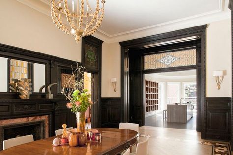 dark stained wood trim (looks black but is dark brown) in dining room. crown molding is still white Dark Stained Wood Trim, Stained Wood Trim, Black Wainscoting, Dark Wood Trim, Wainscoting Stairs, Painted Wainscoting, Wainscoting Bedroom, Dining Room Victorian, Wainscoting Styles