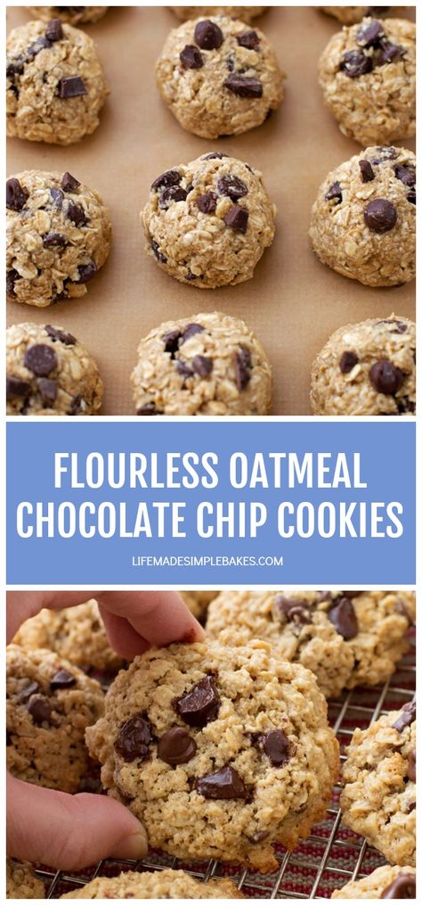 Thick, chewy, warm & gooey. Grab a glass of milk because you're gonna need one! These flourless oatmeal chocolate chip cookies will keep you coming back for more, and more... and more! #flourlessoatmealchocolatechipcookies #oatmealchocolatechipcookies #flourlesscookies #chocolatechipcookies #flourlesschocolatechipcookies Flourless Chocolate Chip Cookies, Life Made Simple, Flourless Cookies, A Glass Of Milk, Oatmeal Chocolate Chip, Oatmeal Chocolate, Oatmeal Chocolate Chip Cookies, Chocolate Chip Oatmeal, Gluten Free Cookies