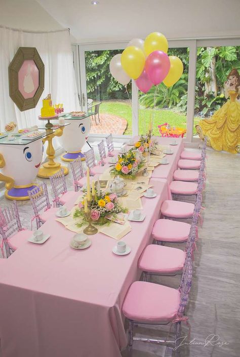 Belle / Beauty and the Beast Birthday Party Ideas | Photo 1 of 13 Bell Party Ideas Princess, Kids Table And Chairs Birthday Party, Belle Birthday Party Ideas, Princess Belle Party Decorations, Kids Party Table, Tea Party Princess, Princess Belle Party, Beauty And The Beast Birthday, Belle Birthday Party