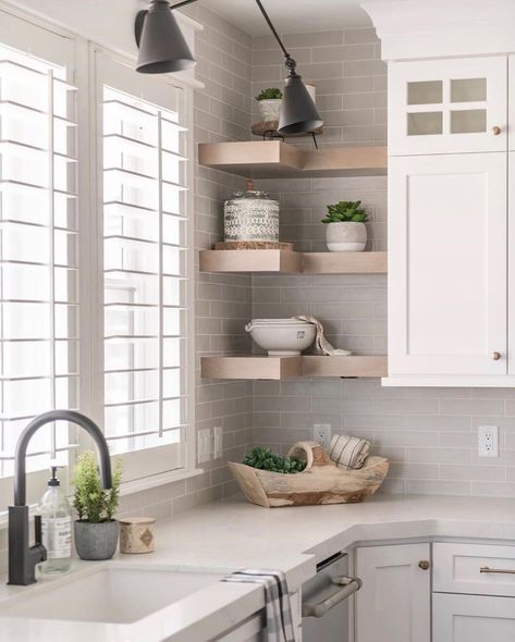 Open Corner Shelves Kitchen, Corner Open Shelves Kitchen, Corner Shelves Kitchen, Kitchen Corner Shelves, Floating Kitchen Shelves, Backsplash White, Kitchen Floating Shelves, Kitchen Shelf Decor, Grey Backsplash