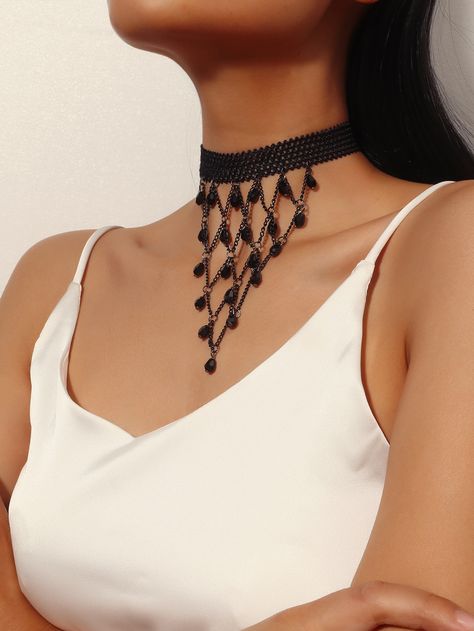 Black Glamorous Collar  Fabric   Embellished   Fashion Jewelry Black Lace Choker Necklace, Bead Decor, Black Lace Choker, Lace Choker Necklace, Goth Earrings, Lace Choker, Womens Chokers, Lace Necklace, Gothic Necklace