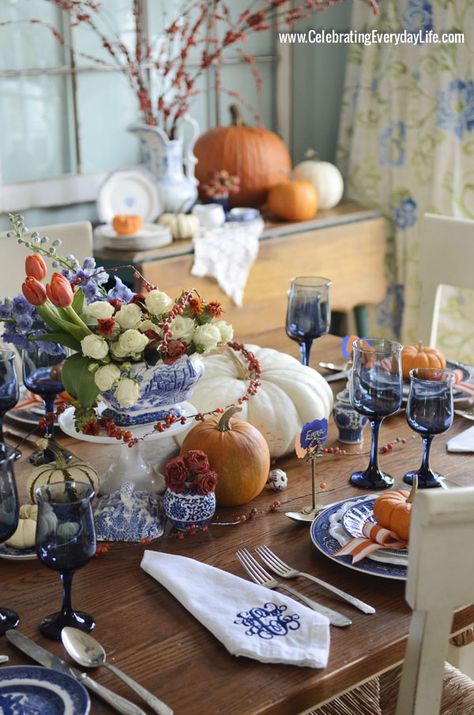 Thanksgiving Table Ideas by Decor Adventures | Redhead Can DecorateRedhead Can Decorate Thanksgiving Table Inspiration, Blue And White Tablescapes, Outdoor Porches, Blue And White Dishes, Outdoor Thanksgiving, Fall Table Settings, Fall Thanksgiving Decor, Thanksgiving Table Settings, Thanksgiving Tablescapes