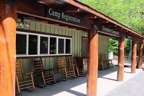 The outside of the office for Greenbrier Campground in the Smoky Mountains. Campground Layout, Campground Business, Campground Ideas, Smokey Mountains Vacation, Rv Tent, Mountains Vacation, Ranch Ideas, Wilderness Retreat, Camping Sites