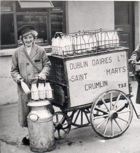 1940's pic of Irish milk delivery 1940s Ireland, 1940s Aesthetic, Milk Delivery, Hair History, Ww2 Photos, Ties That Bind, Saint Marys, Vintage Life, Luck Of The Irish